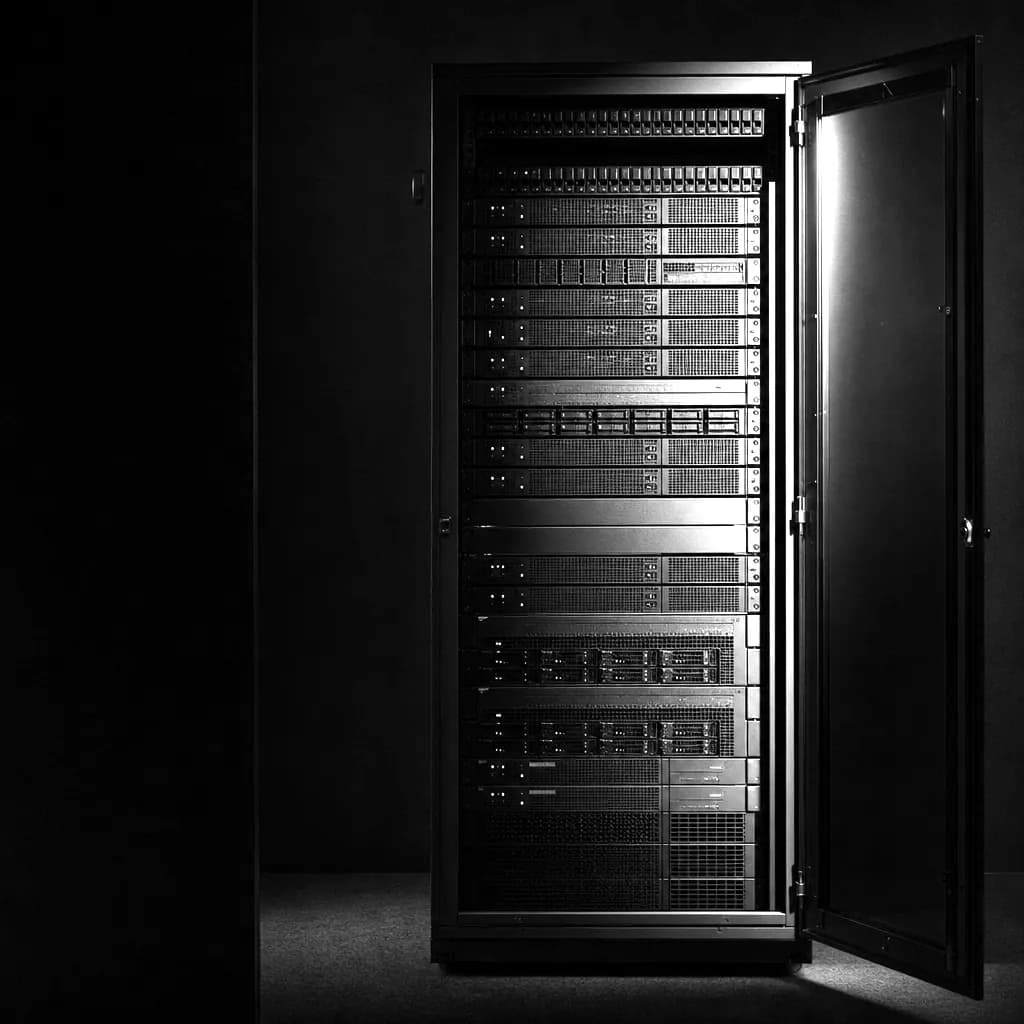 Single server cabinet standing open in a dark room, fully populated with rack-mounted servers